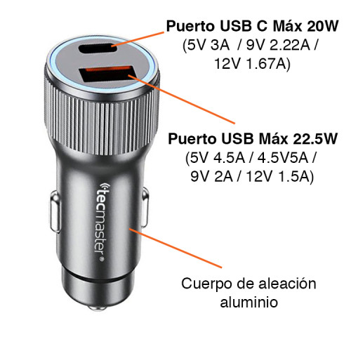 Cargador Automóvil USB C y USB Máx 42.5W