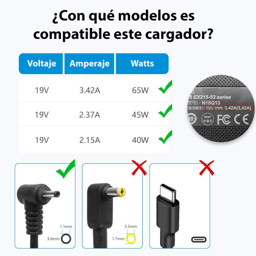 Cargador Notebook Acer 19V 3.42A 3.0 x 1.1 mm certificado
