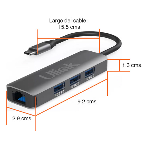 Adaptador USB C a LAN RJ45 Gigabit y 3 USB 3.0 