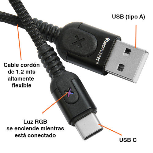 Cable USB C cordón flexible Máx 3.1A con luz RGB 