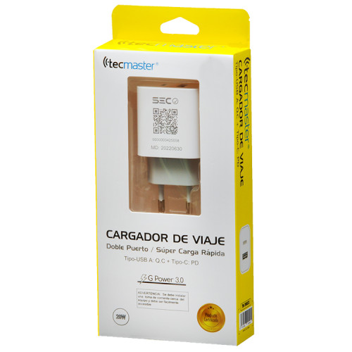 Cargador USB C y USB Carga Rápida 20W certificado SEC