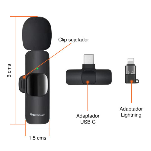 Micrófono lavalier inalámbrico USB C y Lightning 20 mts