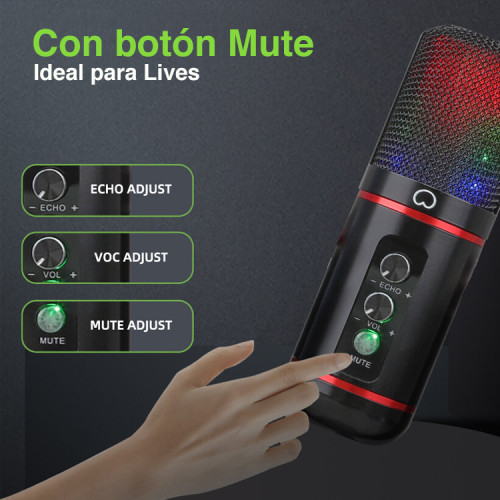 Micrófono condensador USB RGB Podcast y Lives