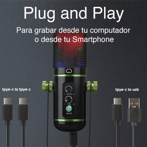 Micrófono condensador USB RGB Podcast y Lives