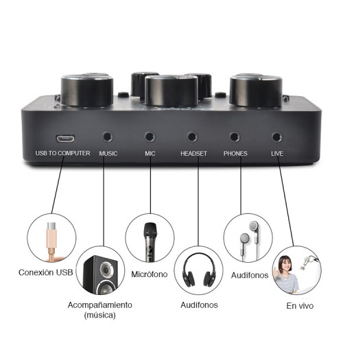 Mixer Tarjeta de Sonido Mezclador USB 2 canales 