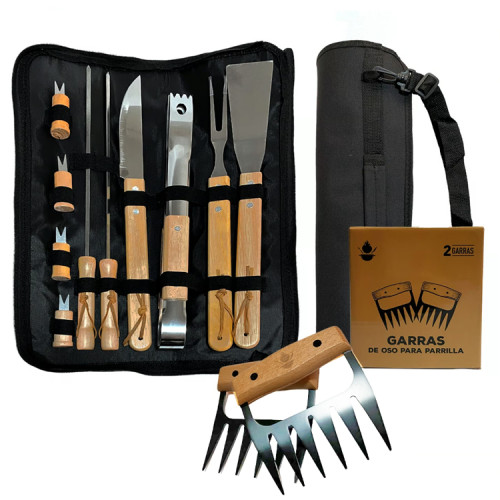 Kit parrillero 12 piezas con garras de oso y bolso Kit parrillero 12 piezas con garras de oso y bolso