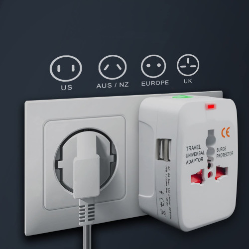 Adaptador enchufe viajes con 2 USB US AUS Europa UK