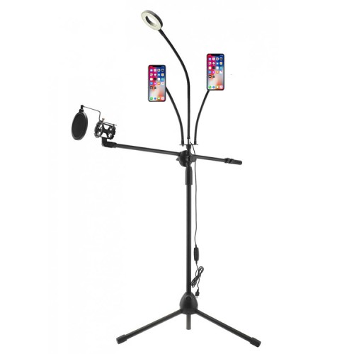 tripode microfono y celular con antipop y aro luz led