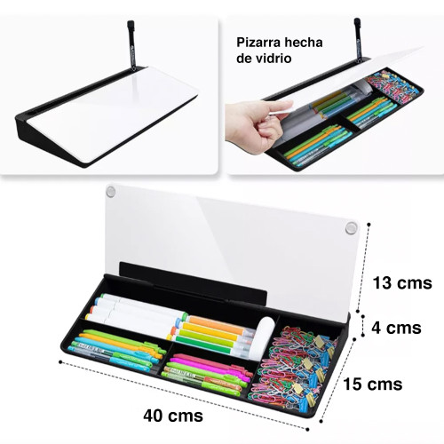 Pizarra de vidrio Escritorio con organizador 40 x 13 cms