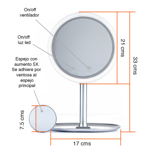 Espejo Cosmético con luz led y ventilador 