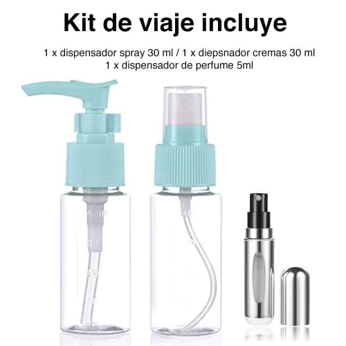 Kit de viaje botellas perfume toalla cepillo espejo y más