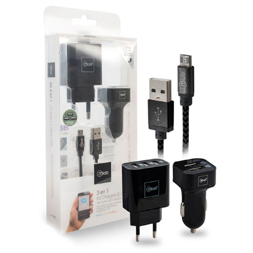 Kit 3 en 1 cargador auto pared Micro USB 