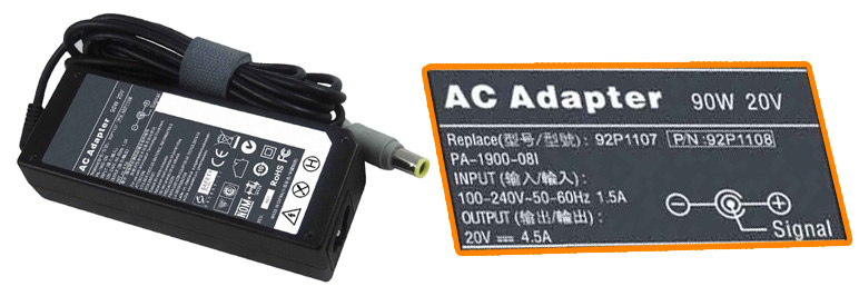 Etiqueta de un cargador de notebook con la línea OUTPUT 20V 4.5A