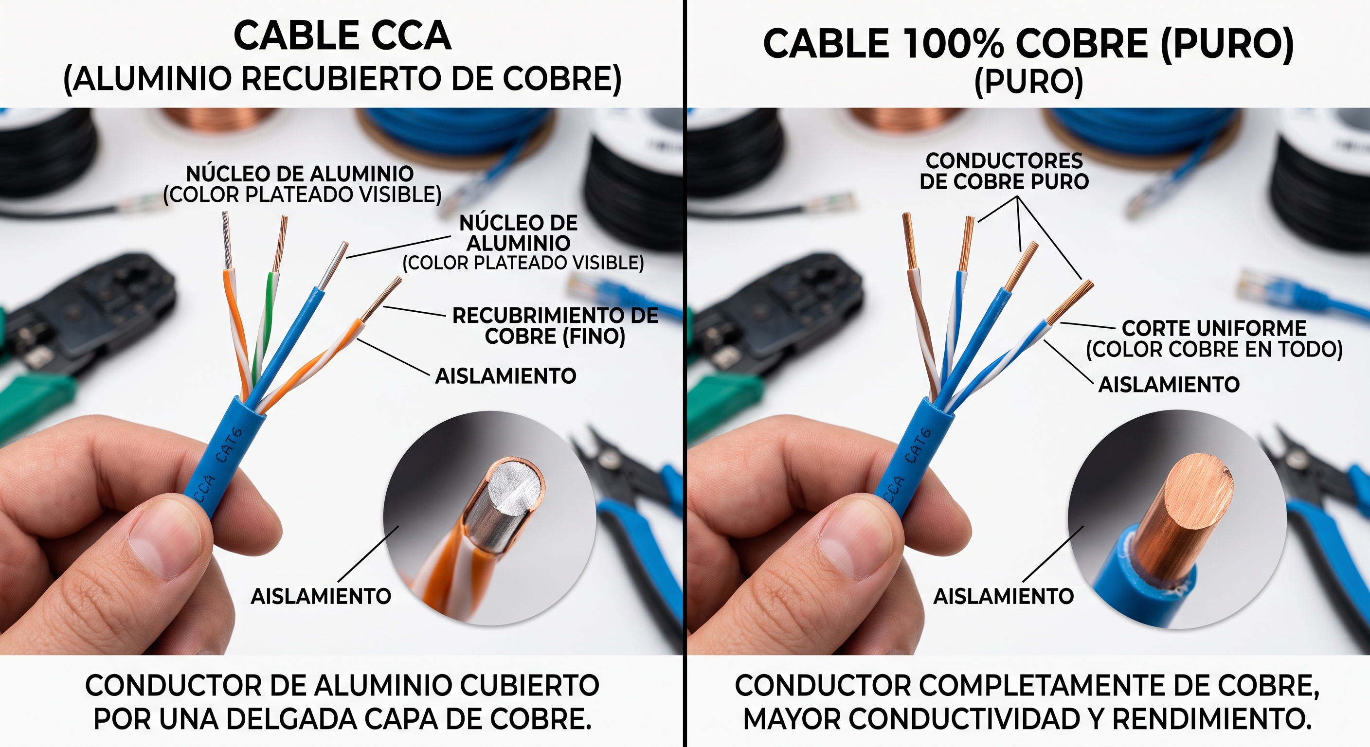 Comparación del conductor: núcleo plateado de aluminio con baño de cobre frente a cobre puro de color uniforme