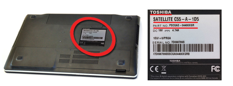 Etiqueta bajo un notebook Toshiba con modelo, part number y DC 19V 4.74A