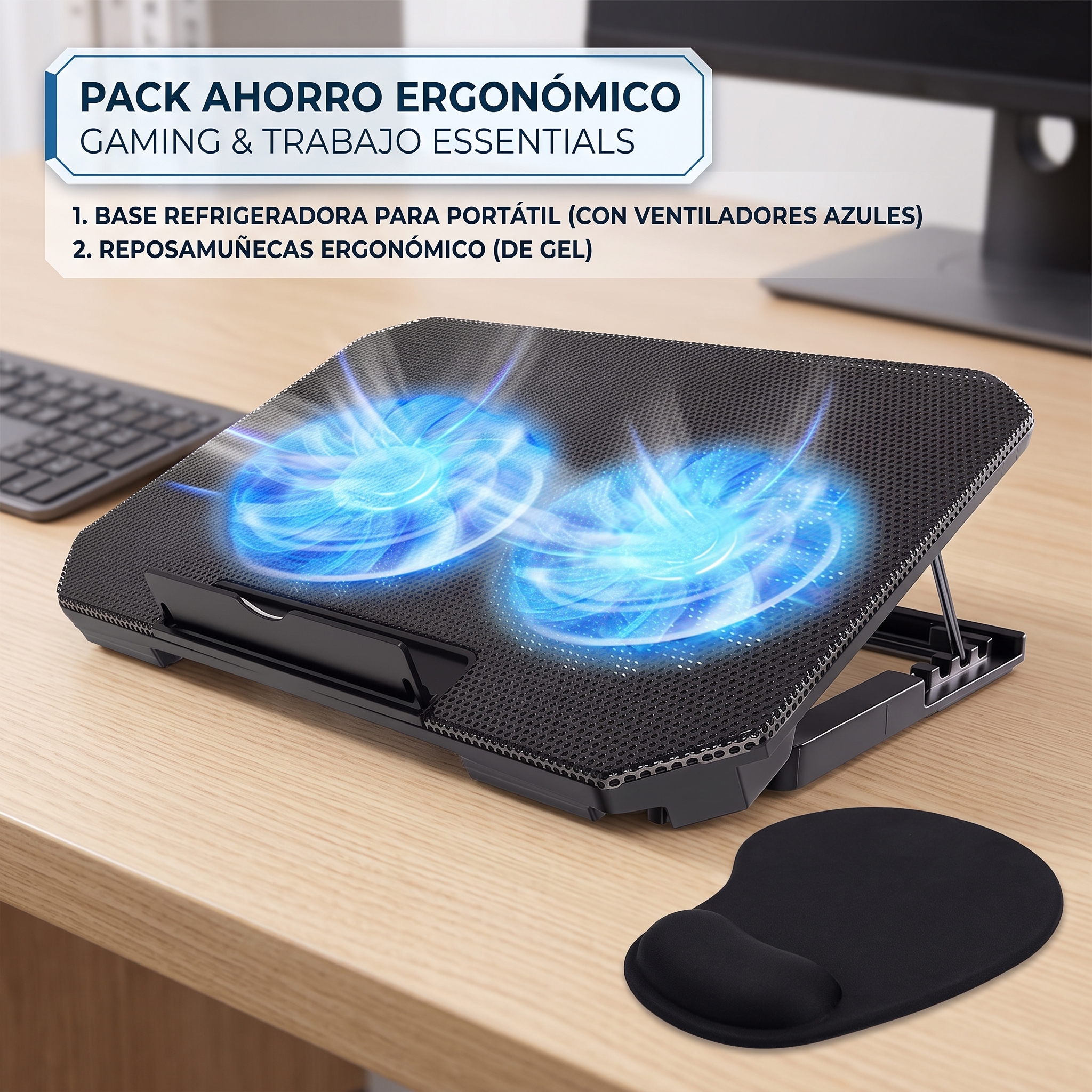 8f002 Pack Ahorro: Base Ventilador Notebook NW-638F + Mouse Pad Ergonómico - Imagen 1