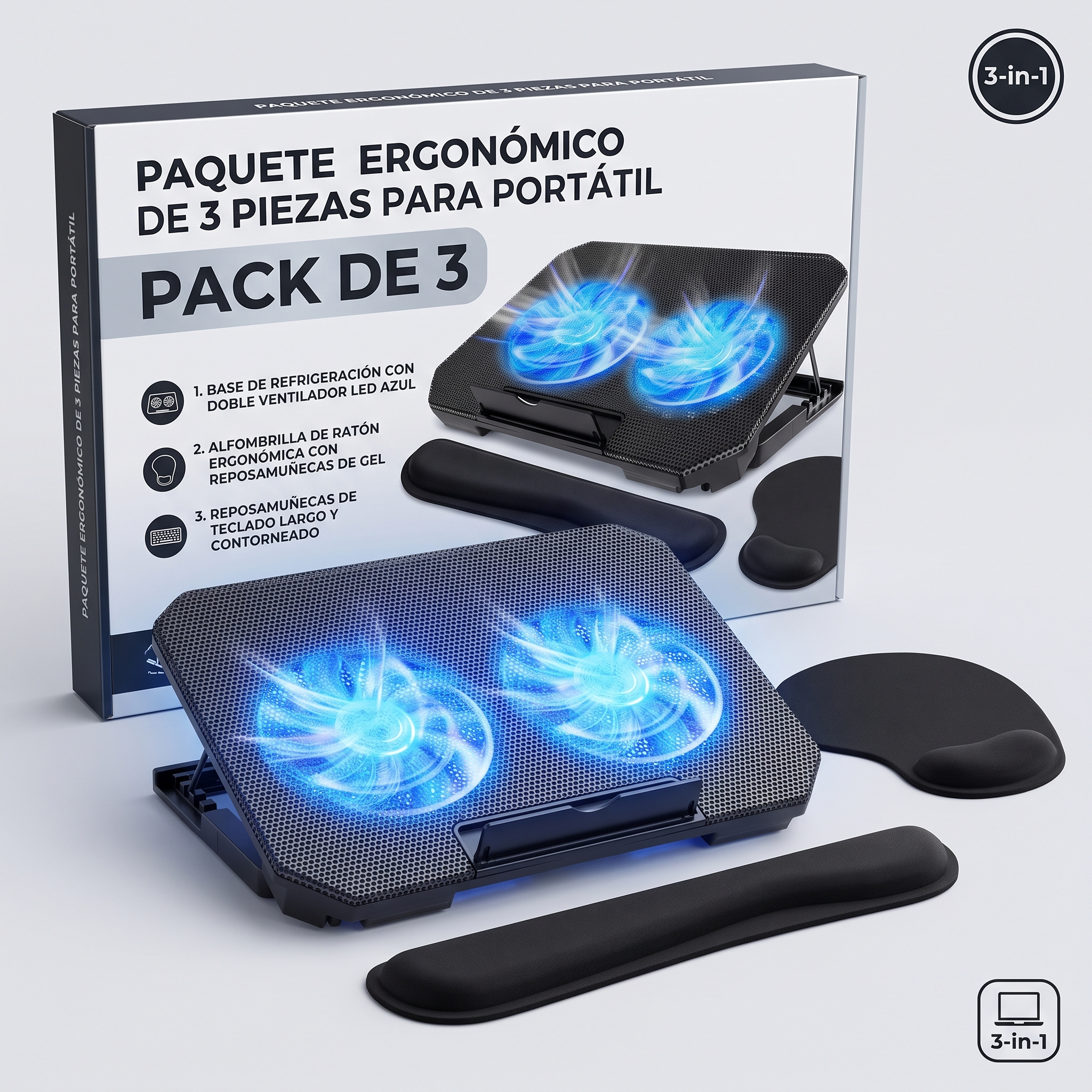 8f0026 Pack Ahorro 3 en 1: Base Ventilador Notebook + Mouse Pad + Apoya Muñecas Teclado - Imagen 1
