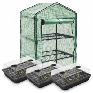 Kit Jardinería: Mini Invernadero Vertical 3 Bandejas + 3 Bandejas Almacigueras 48 Celdas