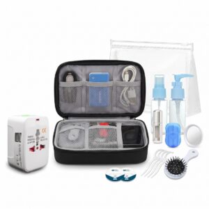 Kit Viaje: Bolso Organizador de Cables + Adaptador de Enchufe Universal 2 USB + Kit de Aseo
