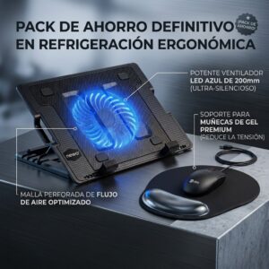 Pack Base Ventilador Notebook NW-638B + Mouse Pad Ergonómico (2 en 1)