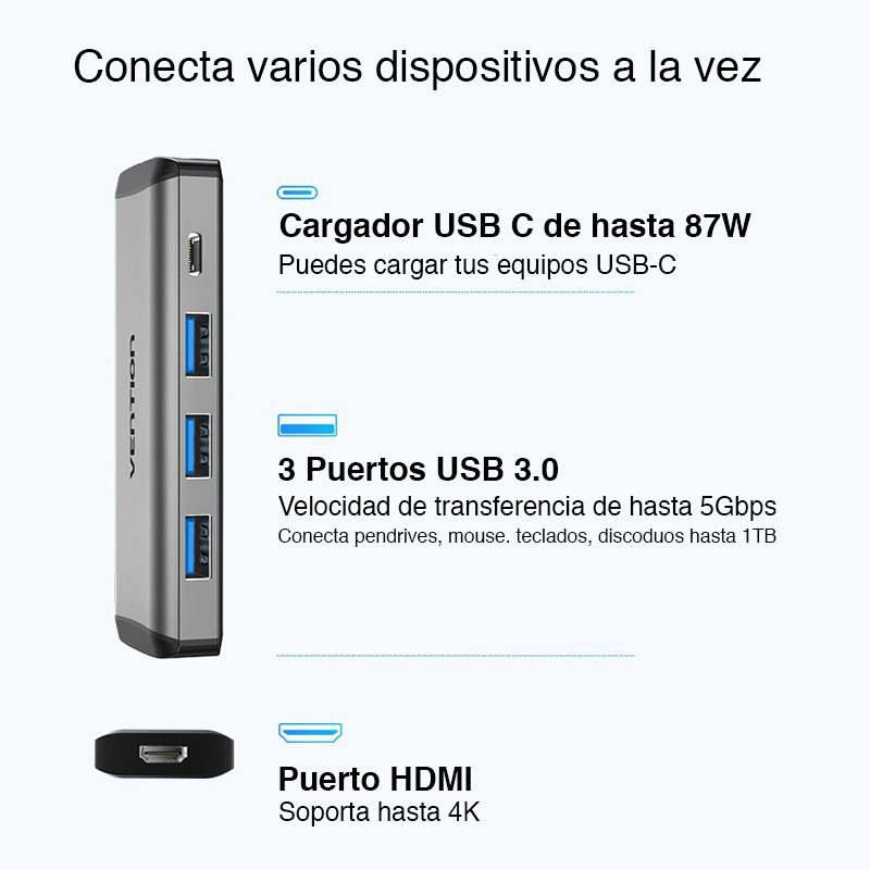 Adaptador USB C a HDMI y USB 3.0 Vention - Imagen 3