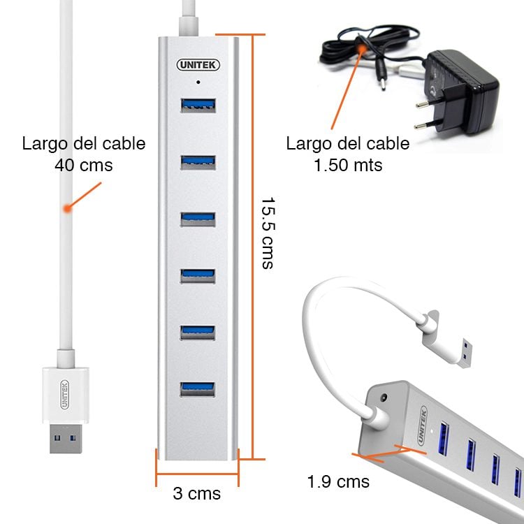 Hub USB 3.0 duplicador 7 puertos energizado Unitek - Imagen 5