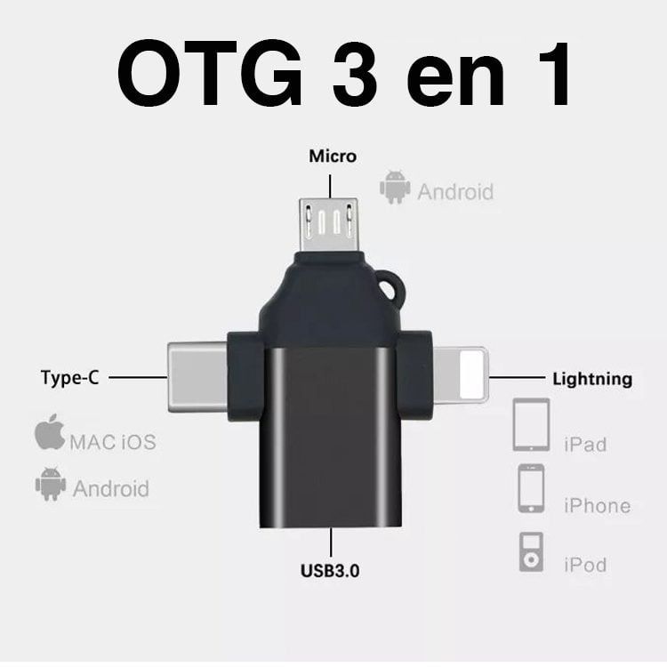 Adaptador OTG USB C Micro USB y Lightning a USB 3.0 - Imagen 4