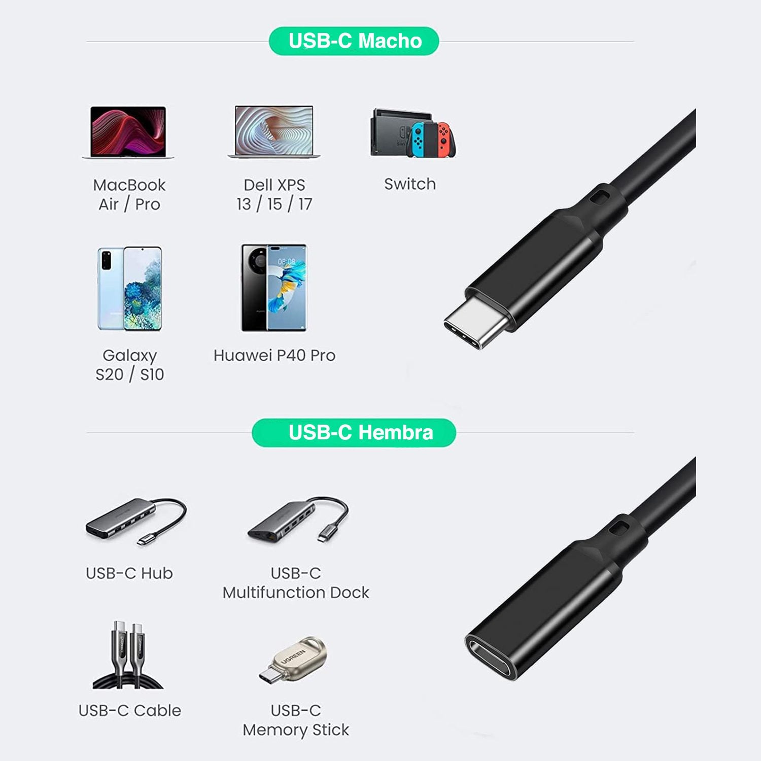 Cable extensión USB C de 1.8 mts macho hembra - Imagen 3